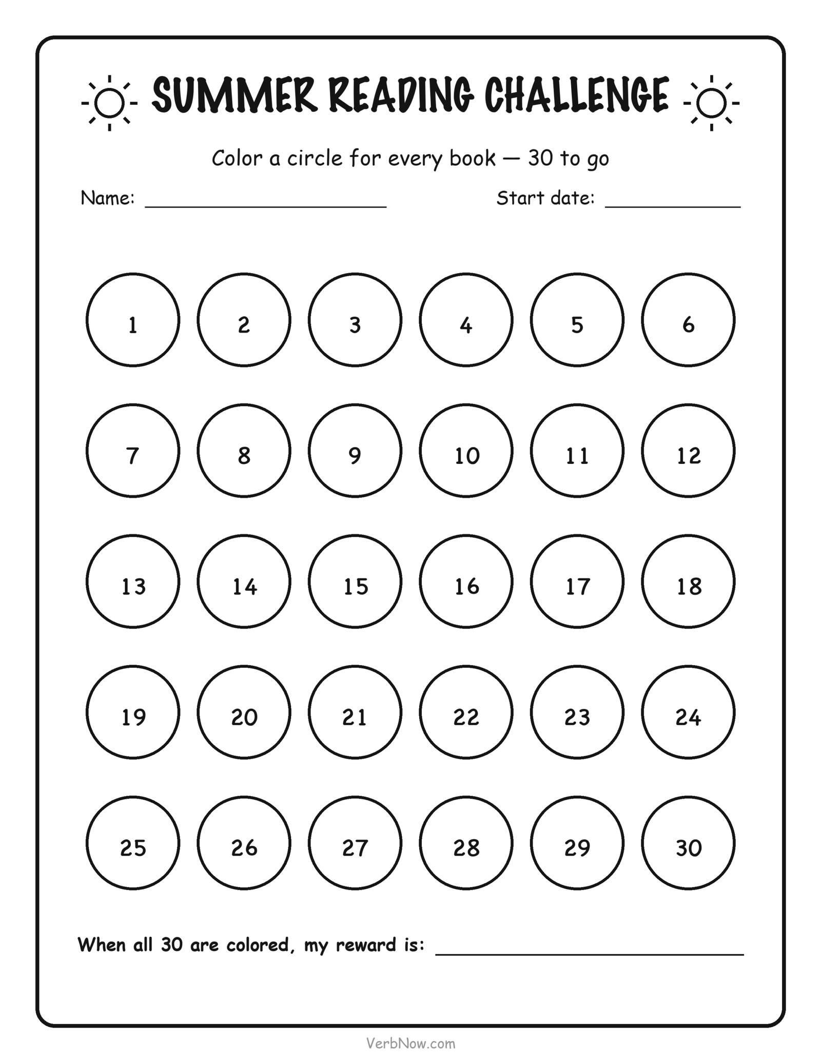 Summer reading challenge chart with thirty numbered circles to color in, one for each book read