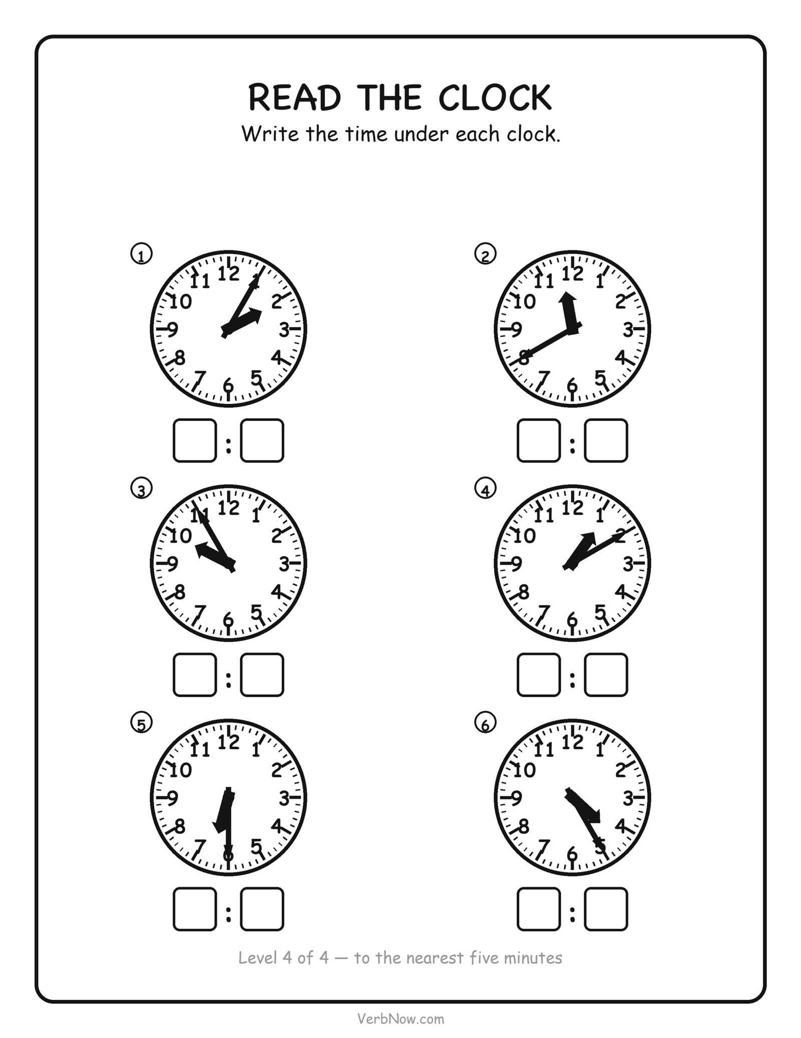 12 Free Telling Time Worksheets (Clock Pages for First Grade) Telling time worksheet: read six clocks set to five-minute intervals and write each time, free printable for second grade
