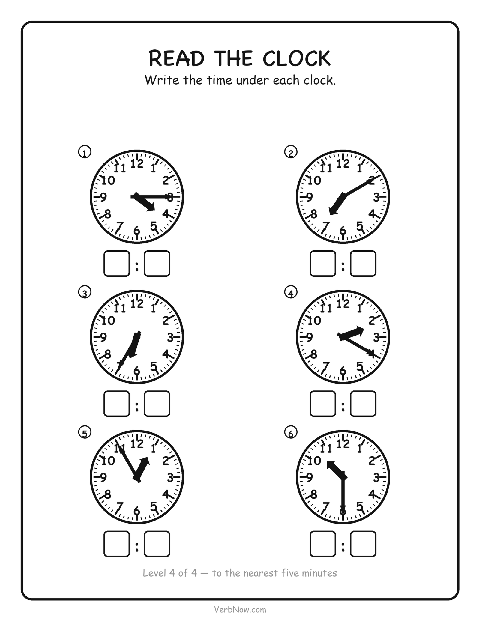 12 Free Telling Time Worksheets (Clock Pages for First Grade) Telling time worksheet: five-minute telling time practice, six analog clock faces with a write-in box, free printable