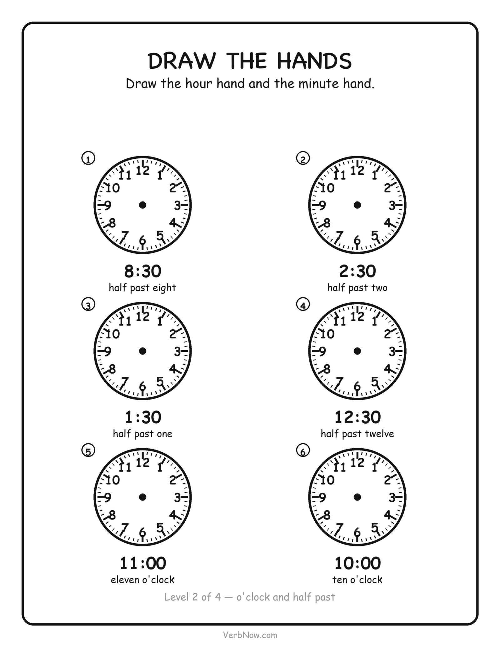 12 Free Telling Time Worksheets (Clock Pages for First Grade) Telling time worksheet: draw the clock hands for half past times on six blank clock faces, free printable