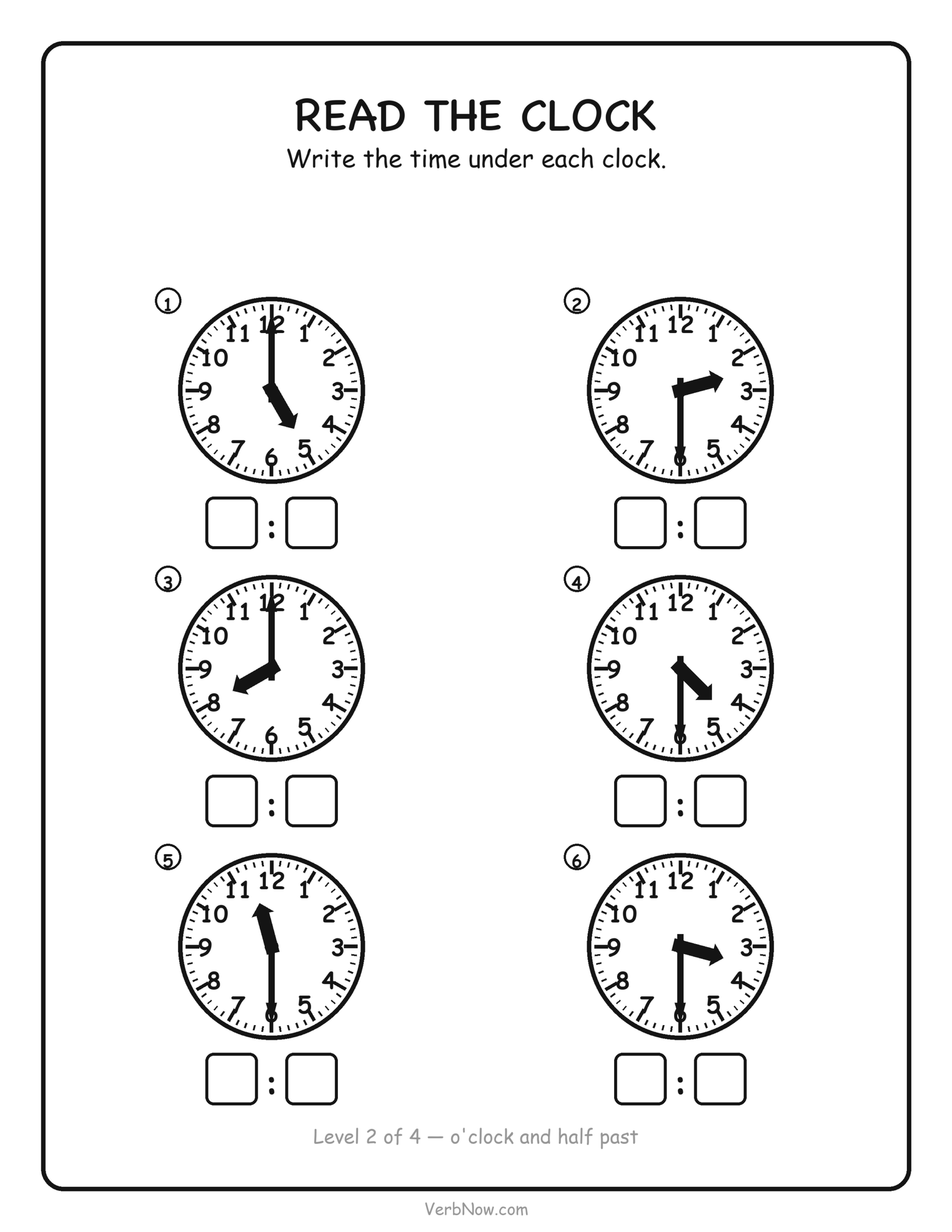 12 Free Telling Time Worksheets (Clock Pages for First Grade) Telling time worksheet: read six clocks showing o'clock and half past times and write each time, free printable