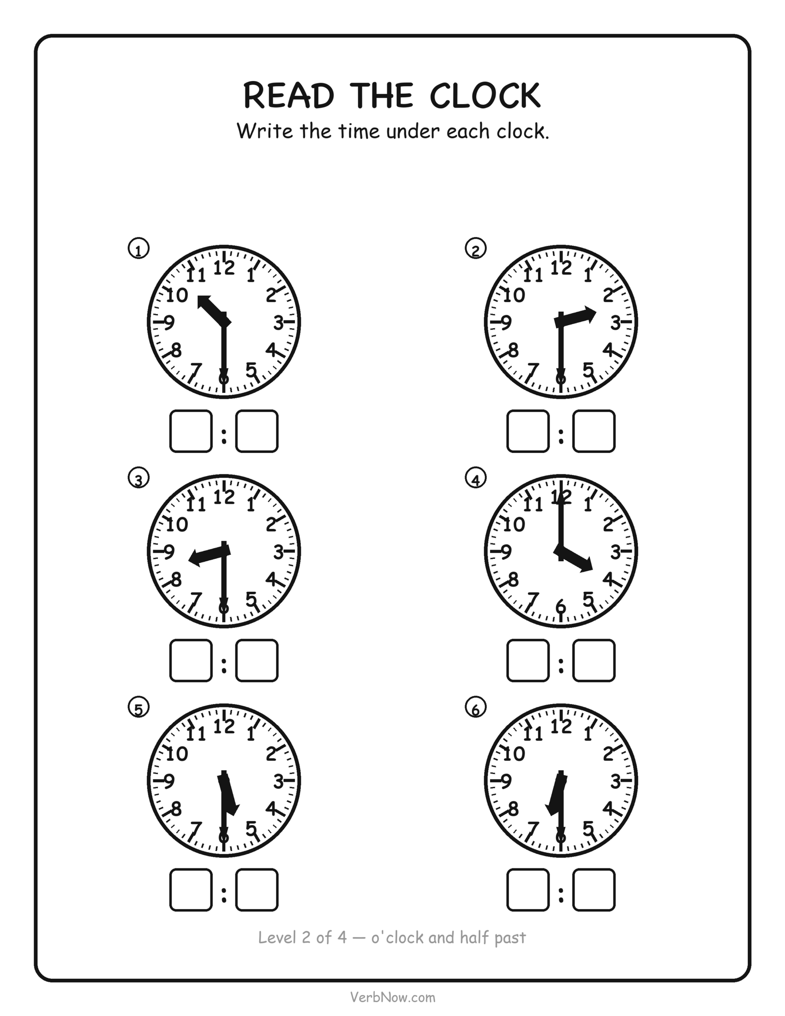 12 Free Telling Time Worksheets (Clock Pages for First Grade) Telling time worksheet: half past practice, six analog clock faces with a box to write the time, free printable