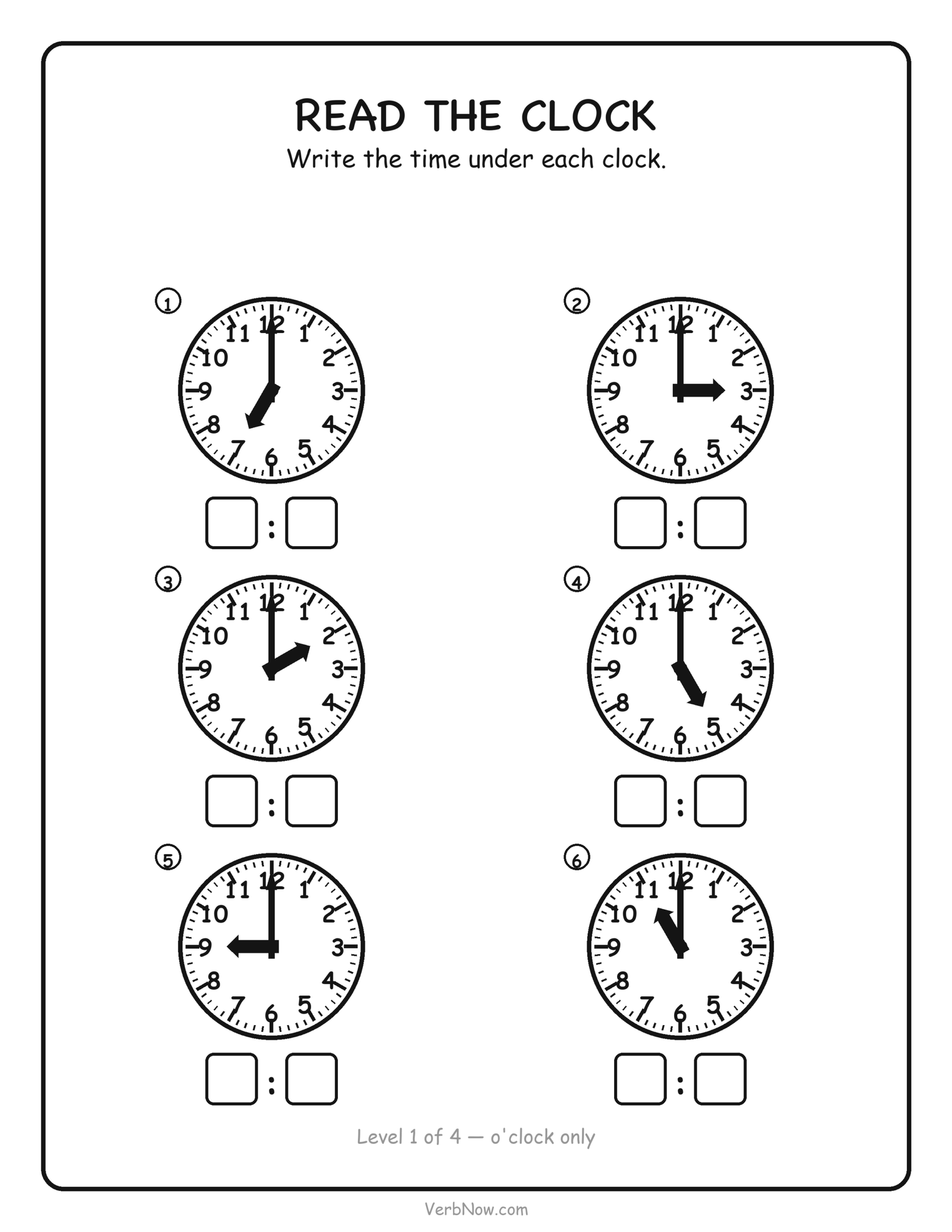 12 Free Telling Time Worksheets (Clock Pages for First Grade) Telling time worksheet: read six analog clocks showing o'clock times and write each time, free printable for first grade