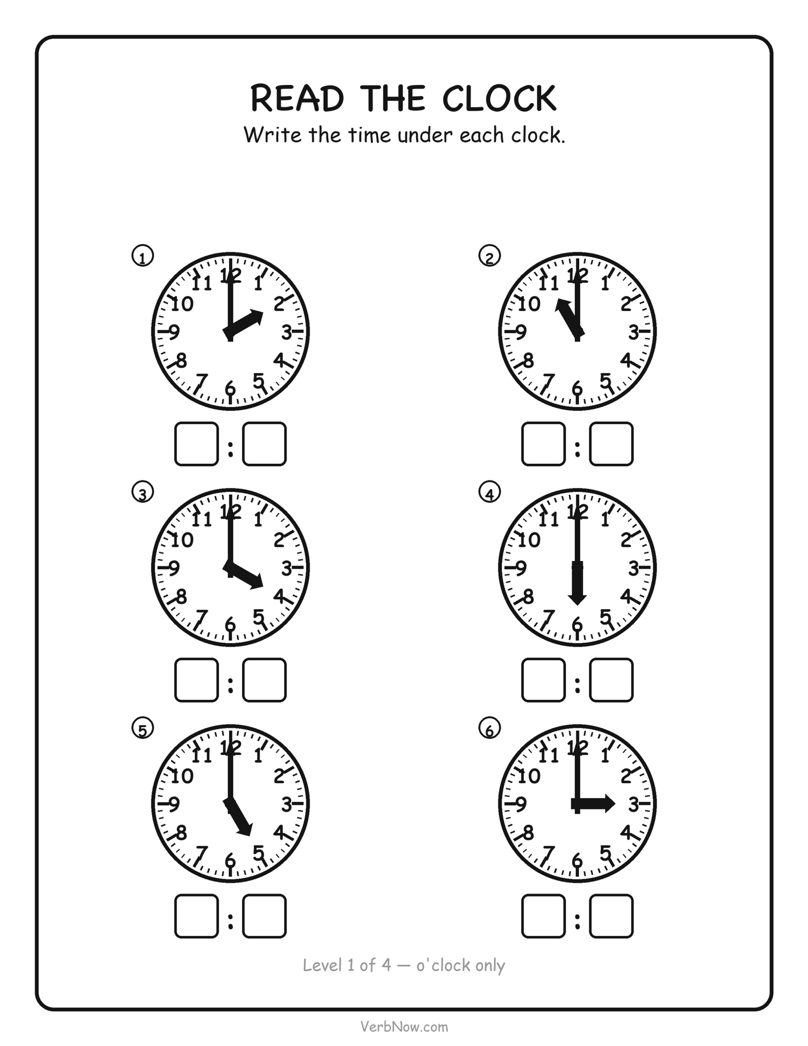 12 Free Telling Time Worksheets (Clock Pages for First Grade) Telling time worksheet: six clock faces set to o'clock times with a box to write the time in, free printable