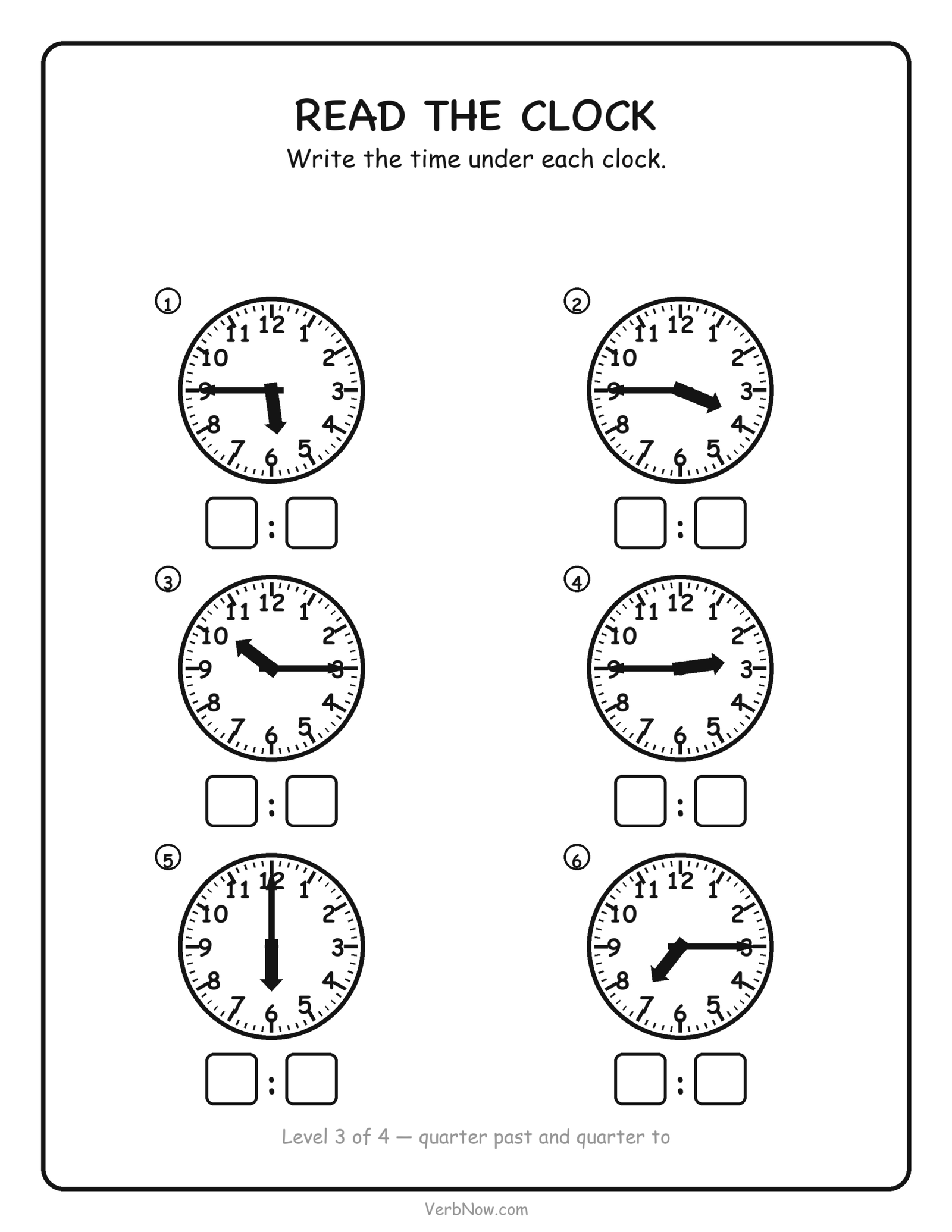 12 Free Telling Time Worksheets (Clock Pages for First Grade) Telling time worksheet: read six clocks showing quarter past and quarter to times, free printable for first grade