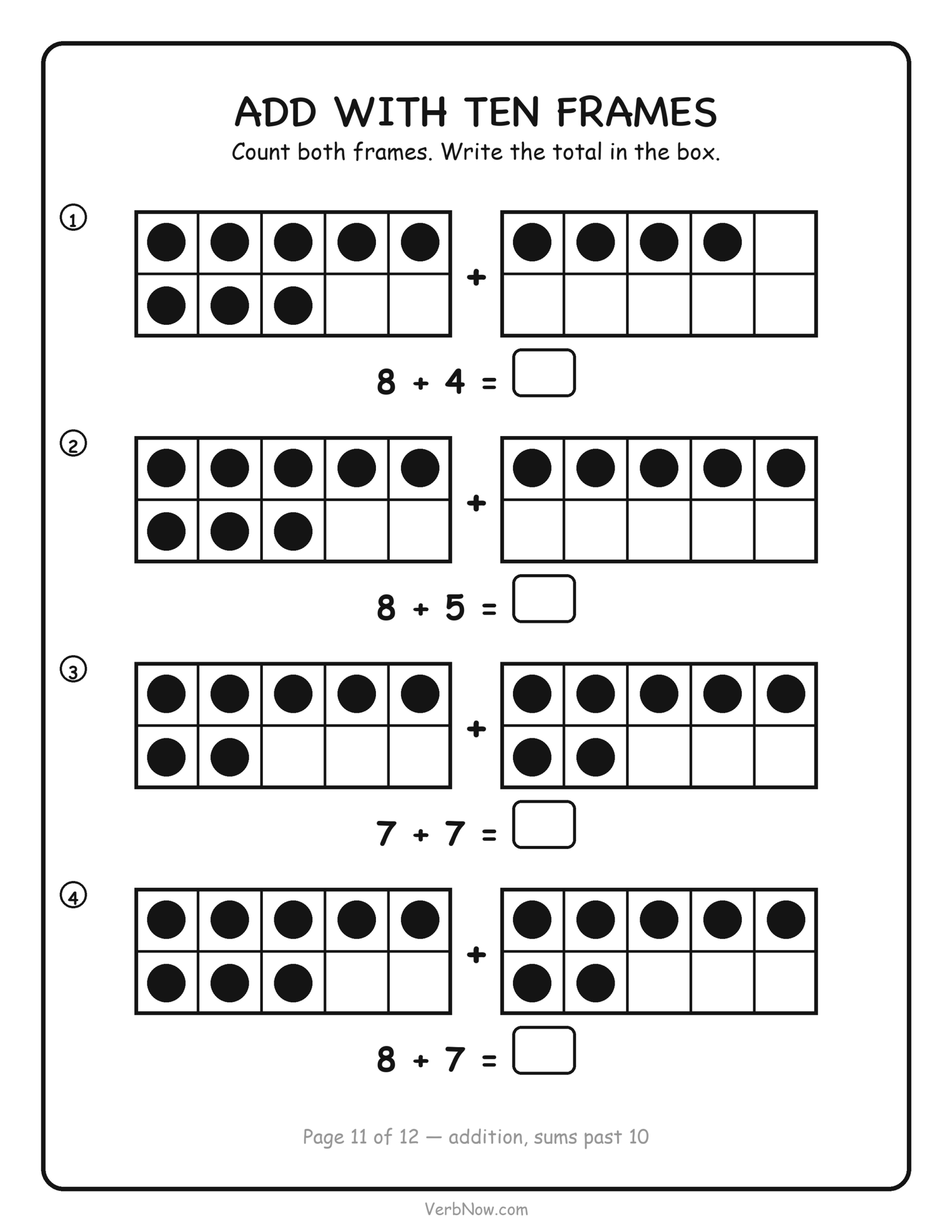 Ten frame worksheet: four addition problems using two ten frames with sums past 10, free printable for first grade