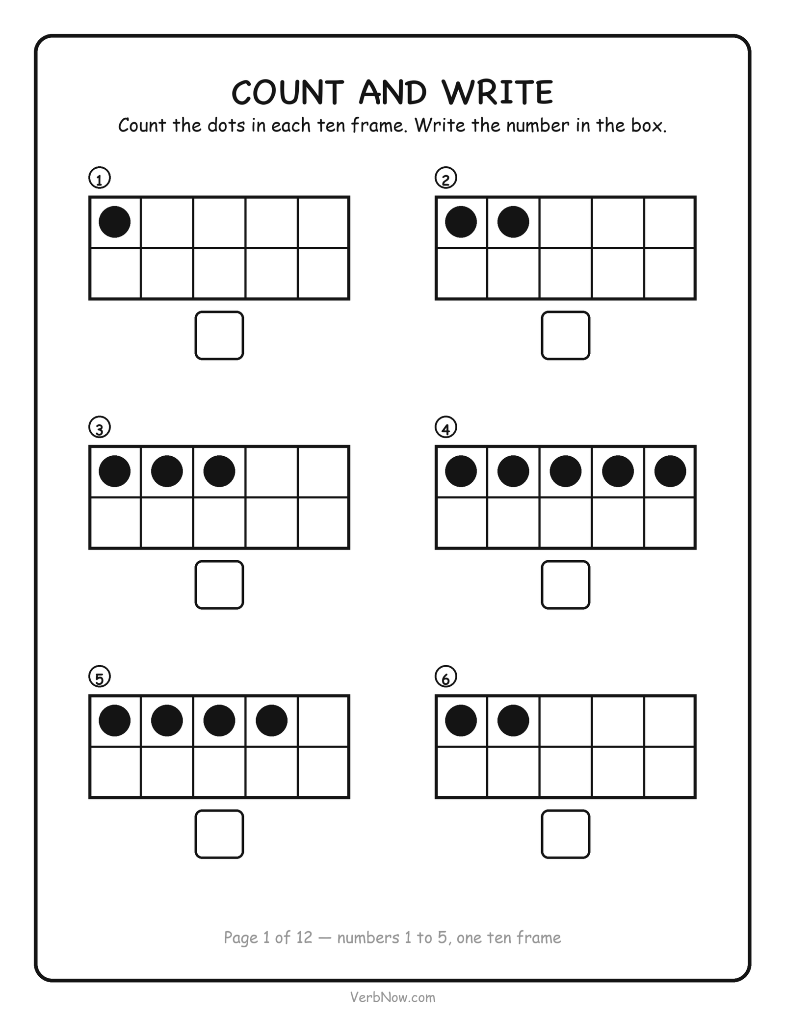 Ten frame worksheet: count the dots in six ten frames and write each number, free printable for kindergarten