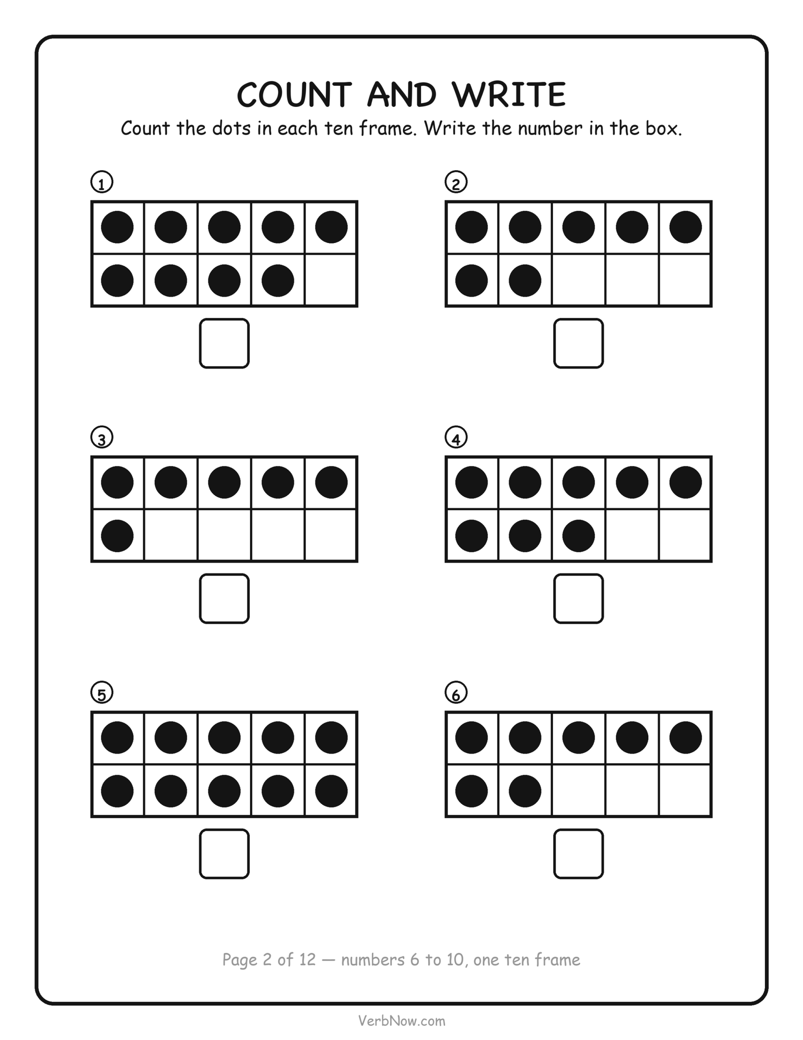 Ten frame worksheet: count the dots in six ten frames showing numbers 6 to 10 and write the number, free printable