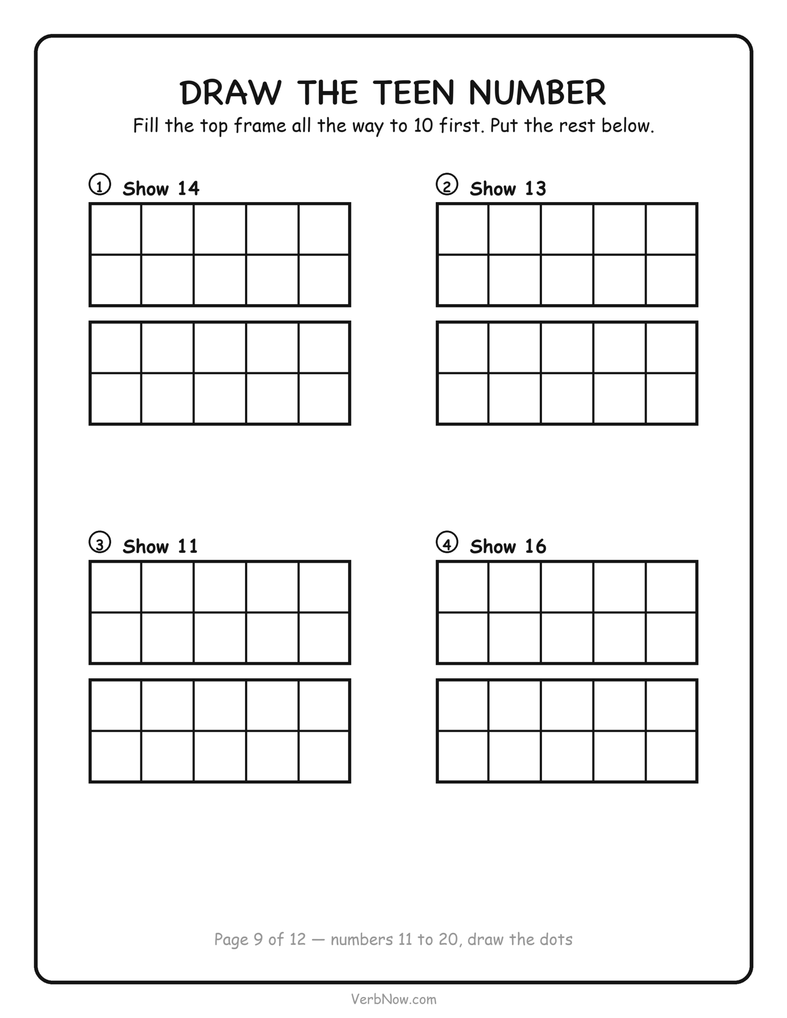 Ten frame worksheet: draw dots in four double ten frames to show teen numbers between 11 and 20, free printable