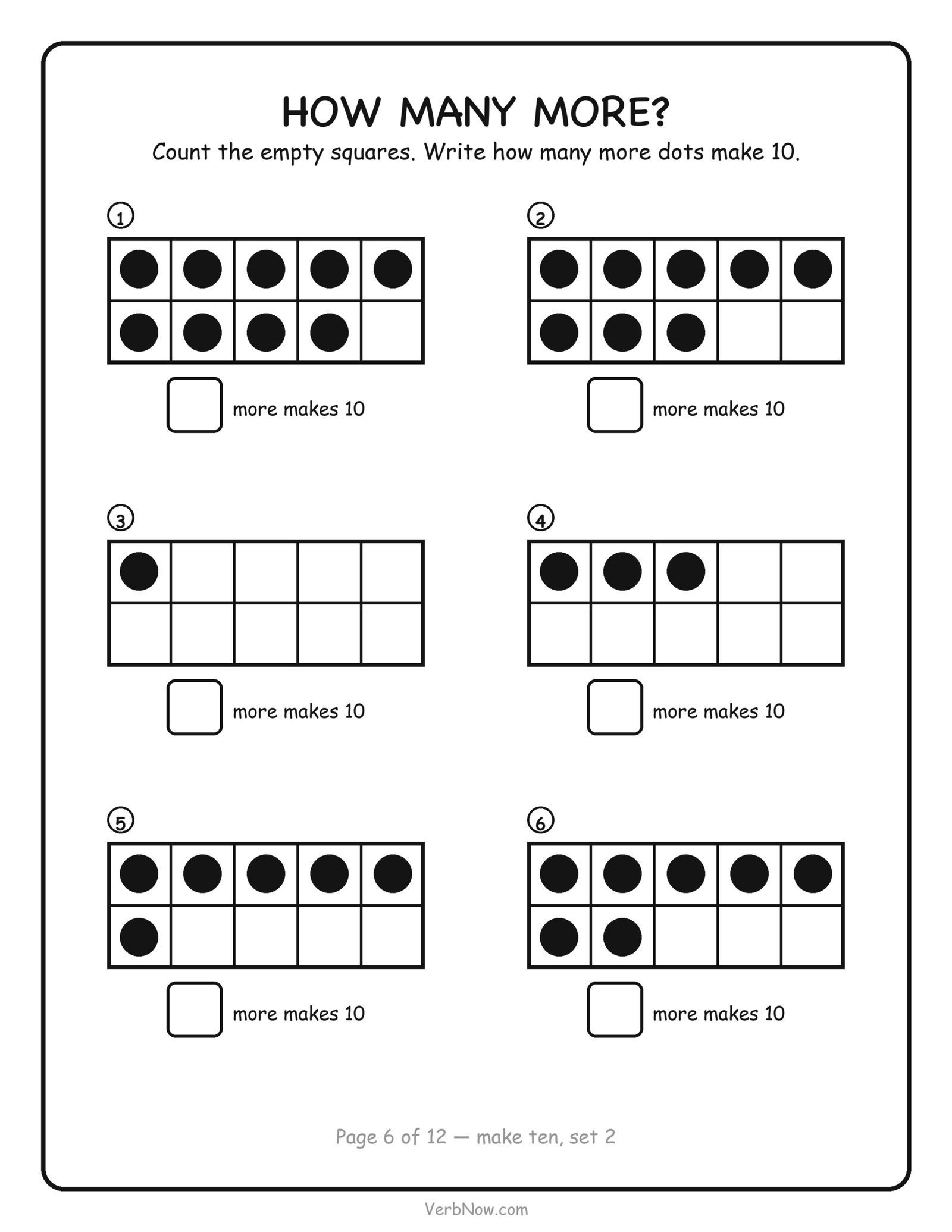 Ten frame worksheet: make ten practice, count the empty squares in six ten frames and write how many more make 10, free printable
