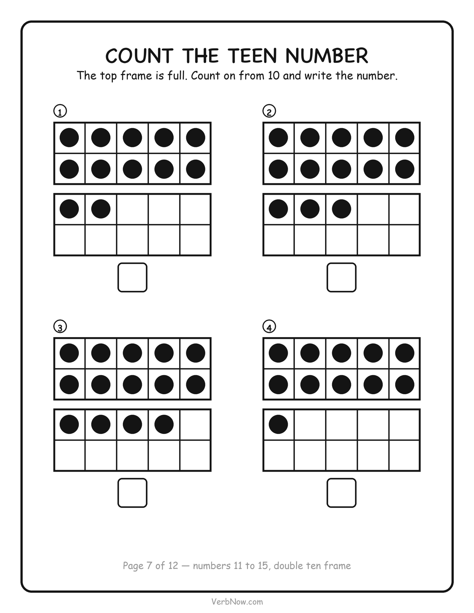 Ten frame worksheet: read four double ten frames showing the teen numbers 11 to 15 and write each number, free printable