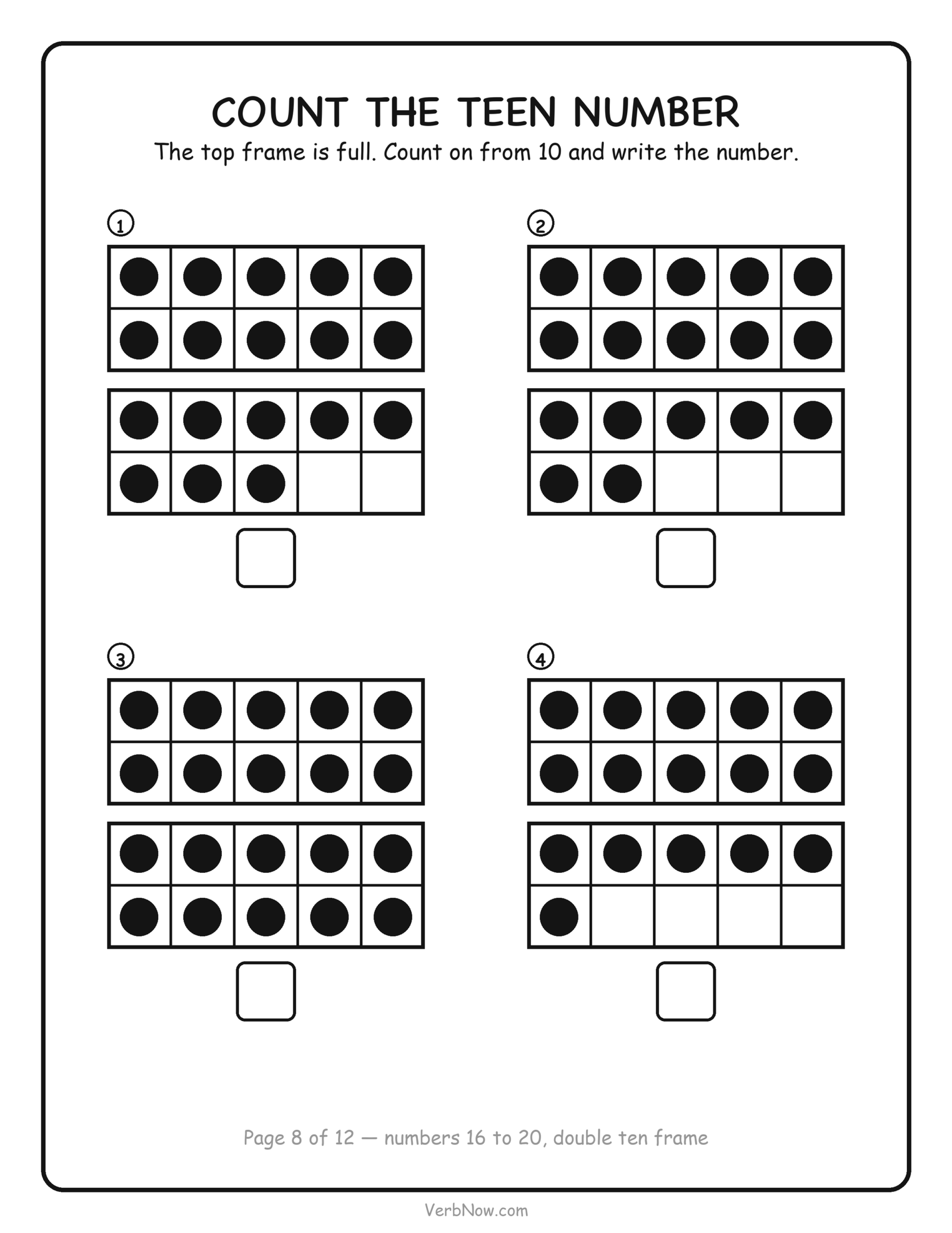 Ten frame worksheet: count the dots in four double ten frames showing 16 to 20 and write the number, free printable