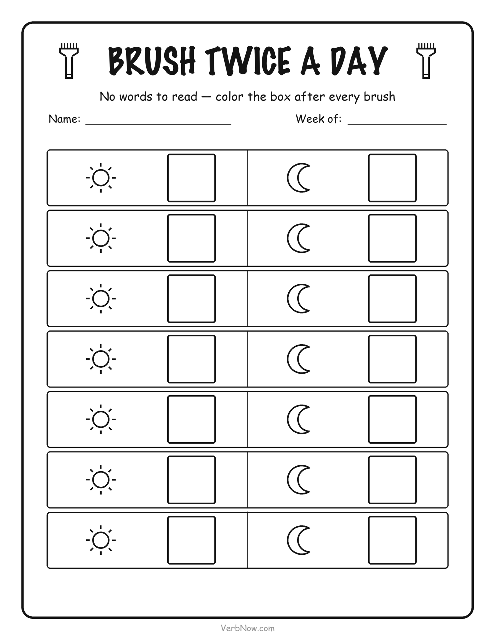 Picture-only tooth brushing chart for toddlers with a sun and a moon icon on every row and no words to read inside the grid