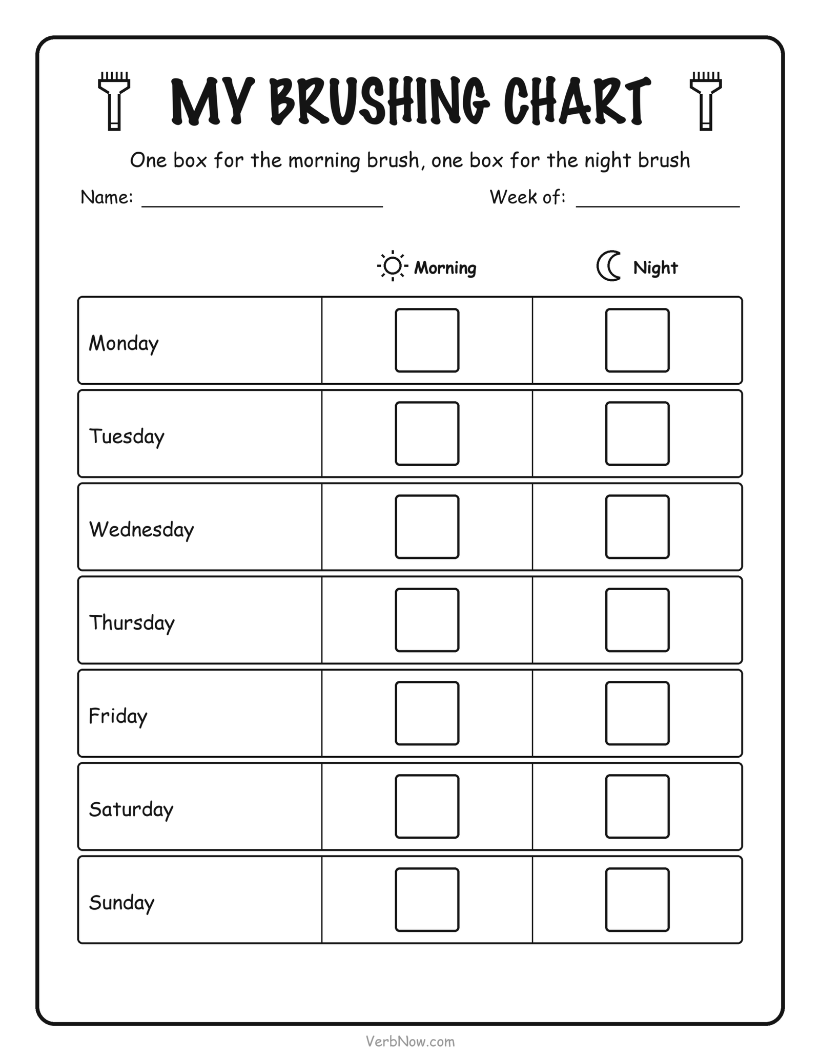 Weekly tooth brushing chart with seven day rows and two boxes a day, a sun box for the morning brush and a moon box for the night brush