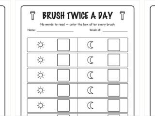 Three printable tooth brushing charts side by side: a weekly chart with named days, a picture-only chart for toddlers, and a monthly chart with thirty-one day squares