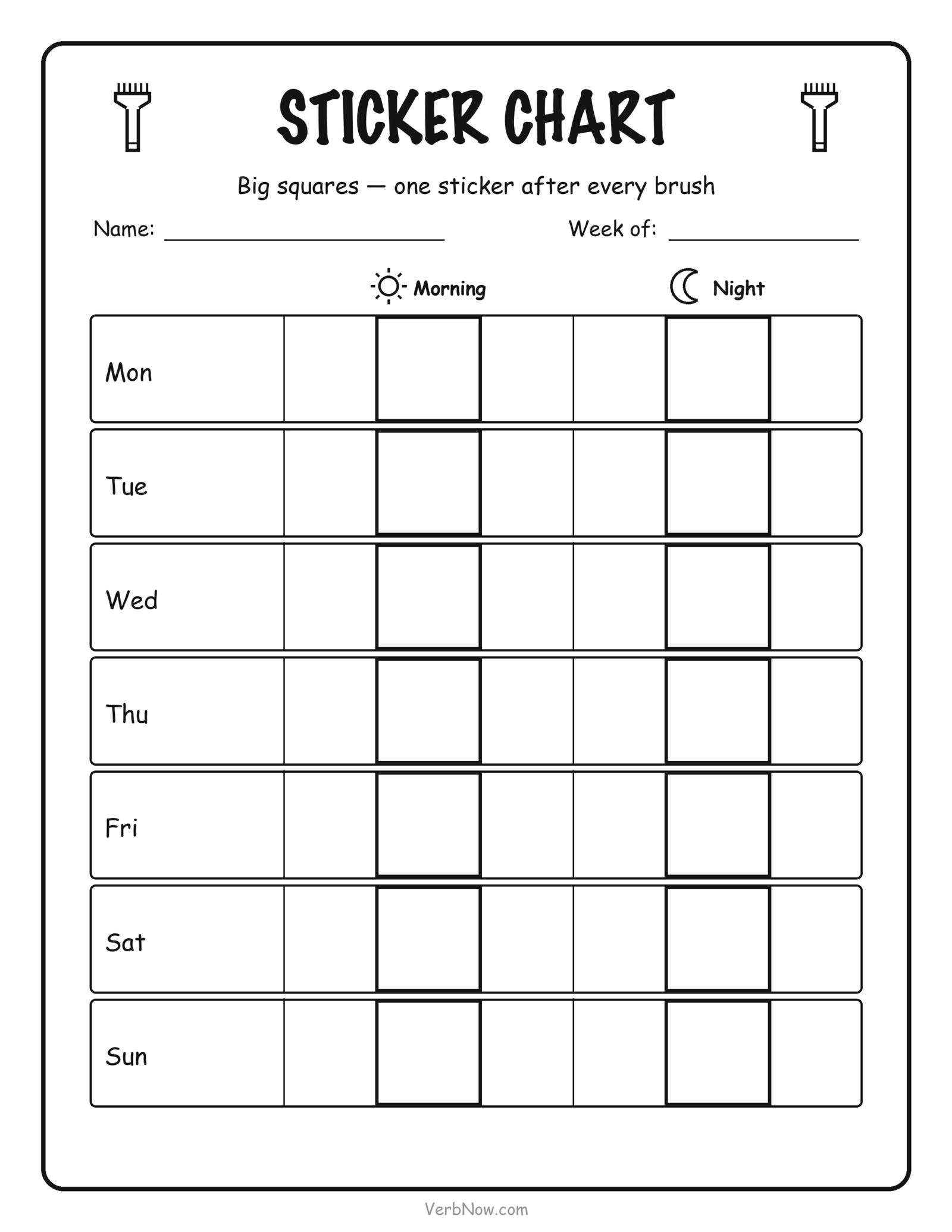 Tooth brushing sticker chart with fourteen large empty squares sized for round reward stickers, two for each day of the week