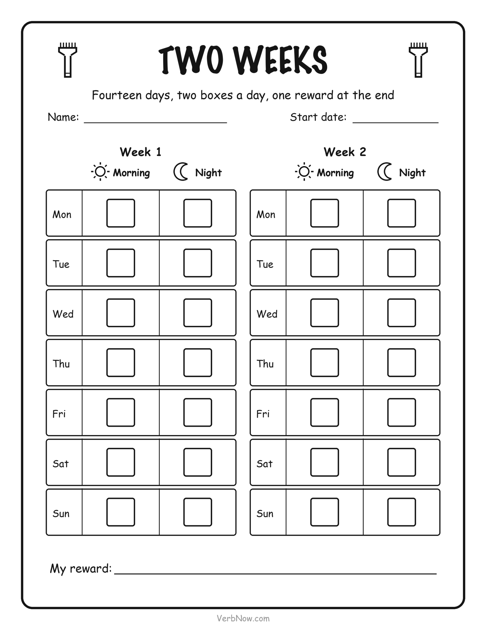 Two week tooth brushing reward chart with fourteen day rows, a morning and night box on each row, and a blank reward line at the bottom