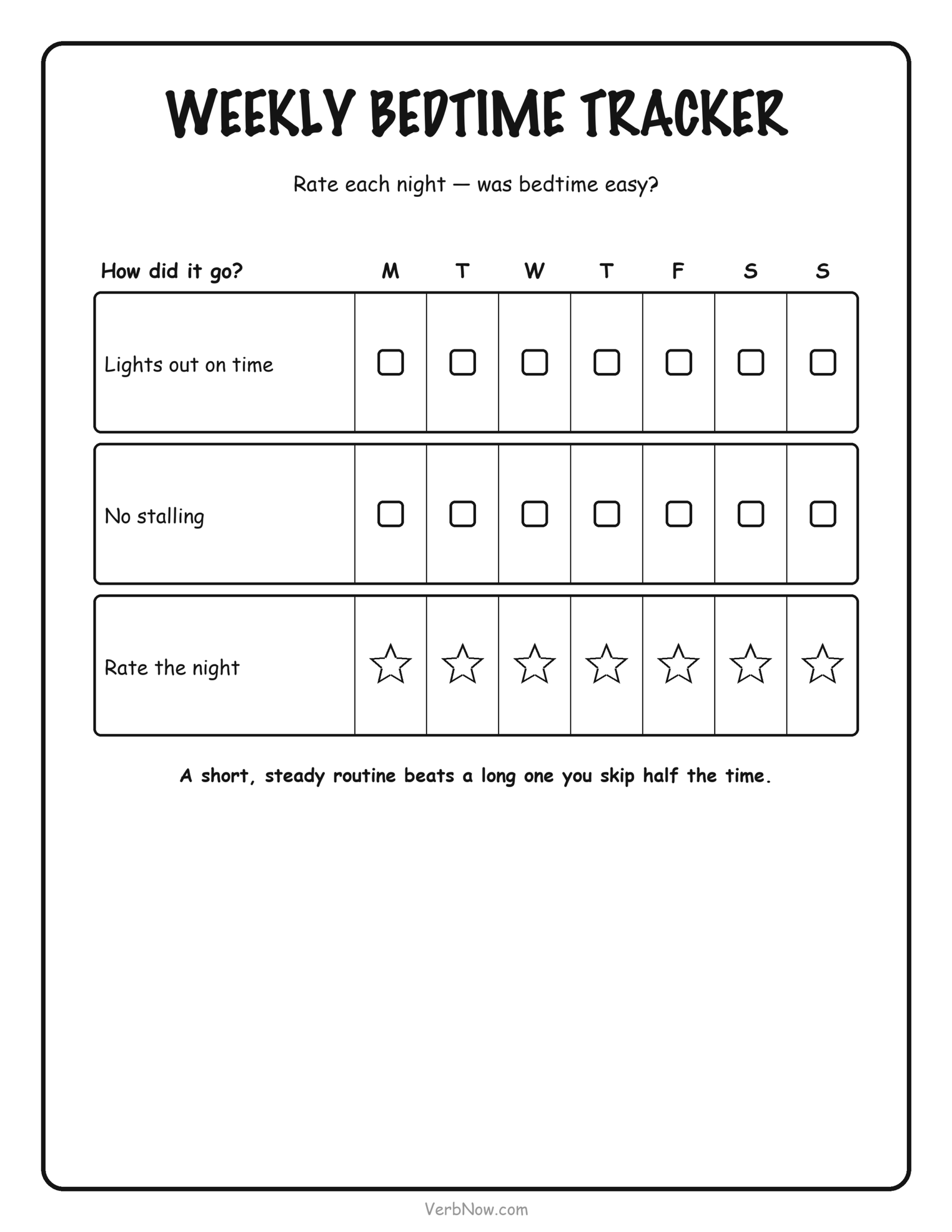 Weekly bedtime tracker with seven days rating on-time lights out, no stalling and a nightly star rating