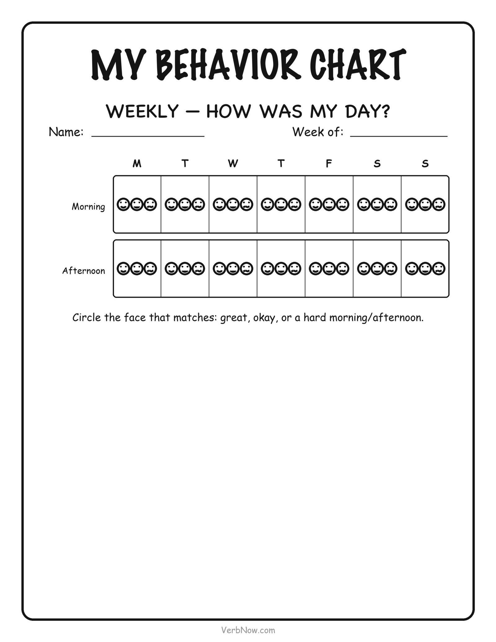Weekly behavior chart with morning and afternoon smiley face rating, free printable