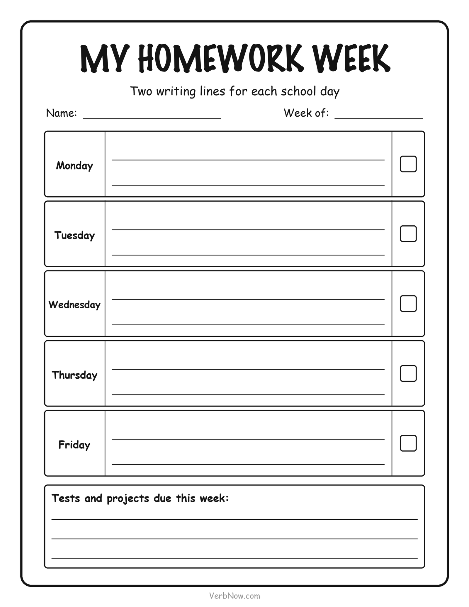 7 Free Homework Planner Printables (Daily, Weekly & Middle School) Weekly homework planner printable with a row for each school day, two writing lines per day and a box for tests and projects due that week