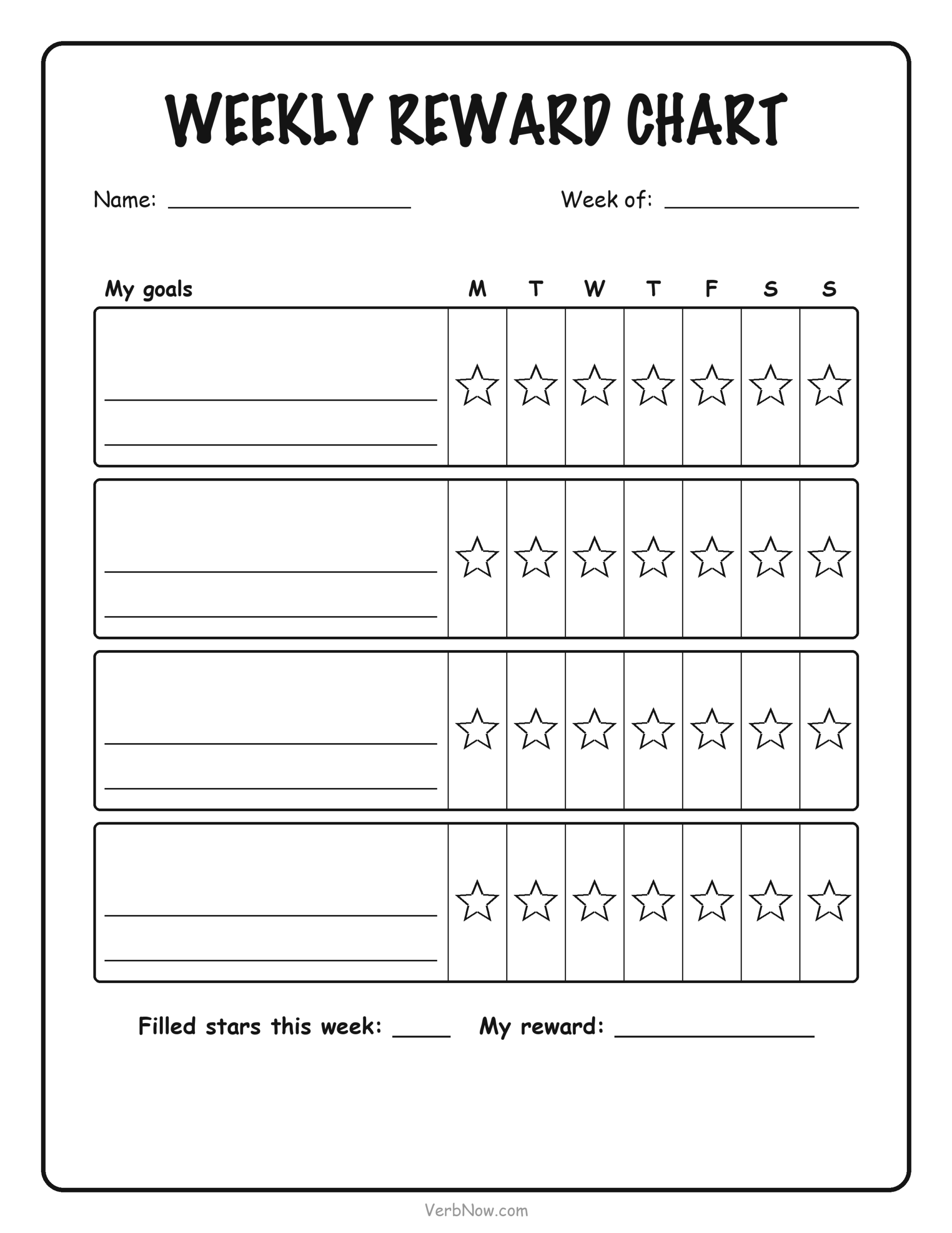 8 Free Printable Reward Charts (Sticker Charts, Punch Cards & Coupons) Weekly reward chart with goals and stars