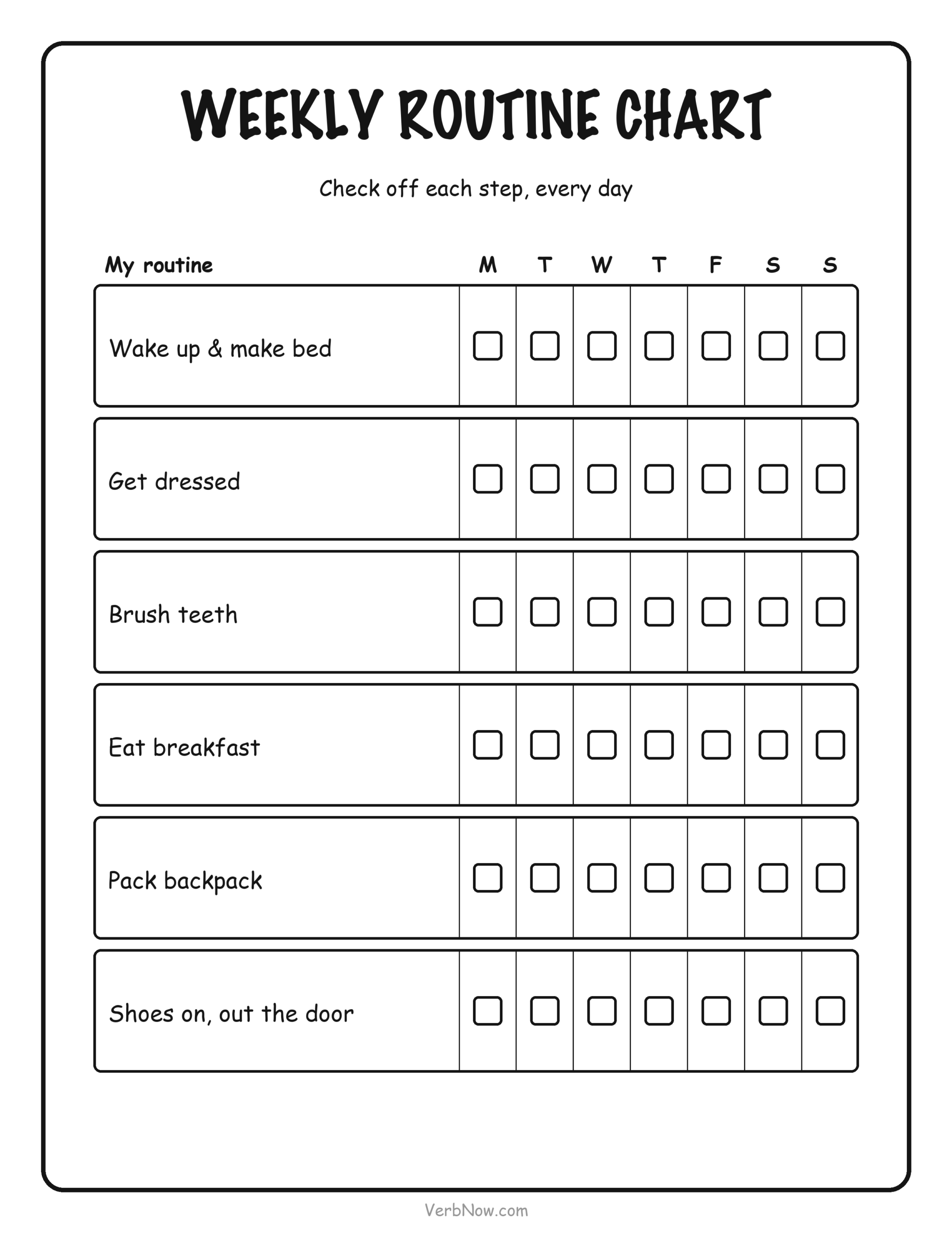 10 Free Printable Routine Charts for Kids (Morning, Bedtime & After School) Weekly routine chart with a column per day