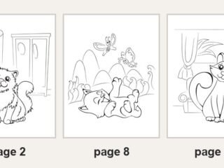 Five of the 12 printable cat coloring pages: page 1 a kitten crouched to pounce under a tree, page 2 a fluffy cat in a bedroom, page 8 a kitten rolling on its back with butterflies, page 10 a cat beside a fishbowl, page 12 a kitten with a ribbon bow