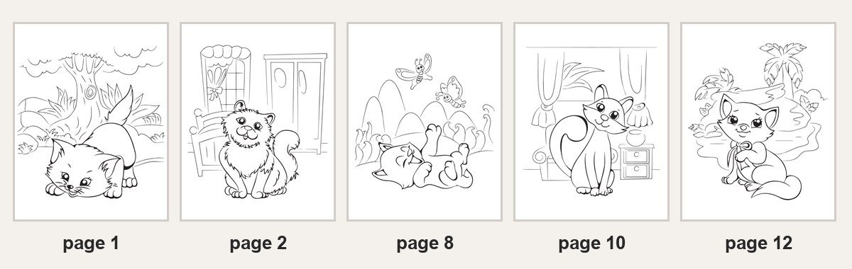 12 Free Cat Coloring Pages (Cute Kittens, PDF) Five of the 12 printable cat coloring pages: page 1 a kitten crouched to pounce under a tree, page 2 a fluffy cat in a bedroom, page 8 a kitten rolling on its back with butterflies, page 10 a cat beside a fishbowl, page 12 a kitten with a ribbon bow