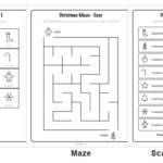 Five of the 10 printable Christmas activity pages: the I spy sheet with trees, baubles, candy canes and gingerbread men, a 16-square bingo card, the easy maze from the gingerbread man to the tree, the scavenger hunt with eight tick boxes, and the word tracing page for tree, star, bell, stocking and cookie