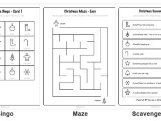 Five of the 10 printable Christmas activity pages: the I spy sheet with trees, baubles, candy canes and gingerbread men, a 16-square bingo card, the easy maze from the gingerbread man to the tree, the scavenger hunt with eight tick boxes, and the word tracing page for tree, star, bell, stocking and cookie