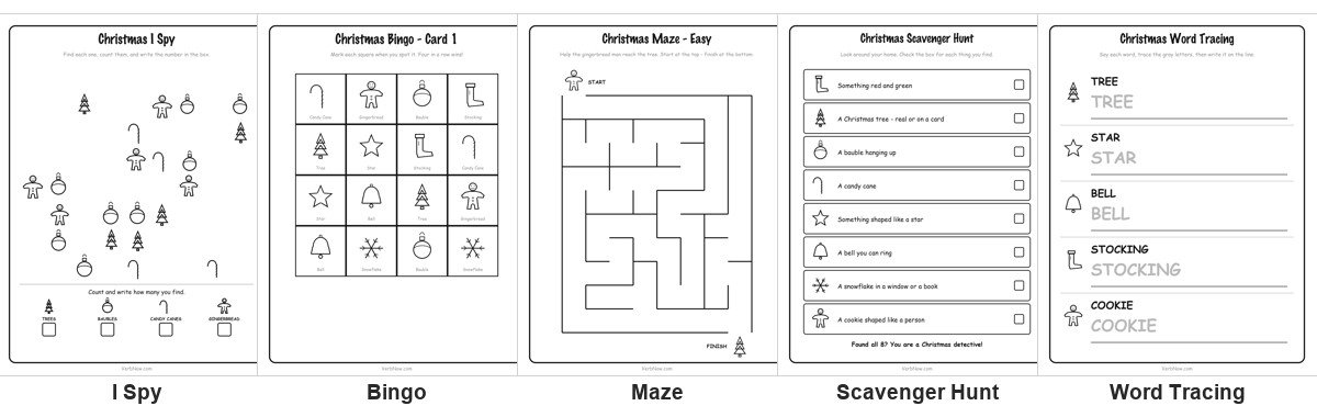 10 Free Christmas Activity Printables (I Spy, Bingo, Mazes & Scavenger Hunt, PDF) Five of the 10 printable Christmas activity pages: the I spy sheet with trees, baubles, candy canes and gingerbread men, a 16-square bingo card, the easy maze from the gingerbread man to the tree, the scavenger hunt with eight tick boxes, and the word tracing page for tree, star, bell, stocking and cookie
