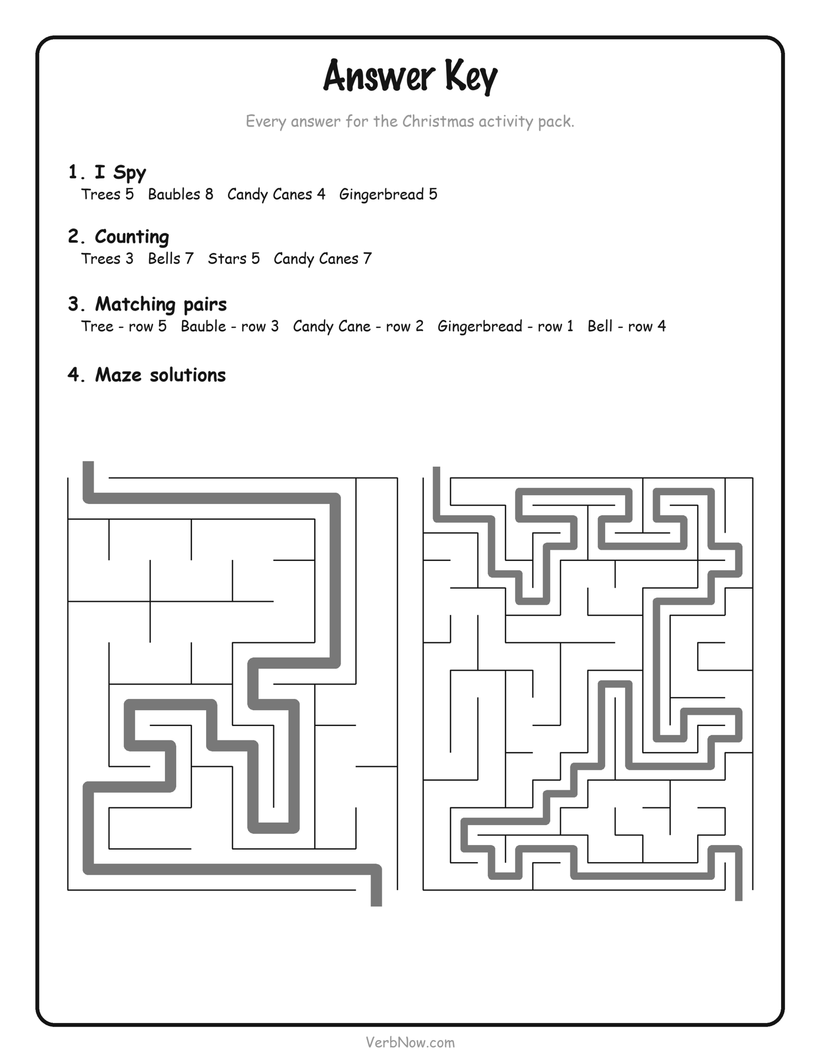 10 Free Christmas Activity Printables (I Spy, Bingo, Mazes & Scavenger Hunt, PDF) Answer key printable for the Christmas activity pack, with I spy and counting totals, matching pairs and both maze solutions drawn in