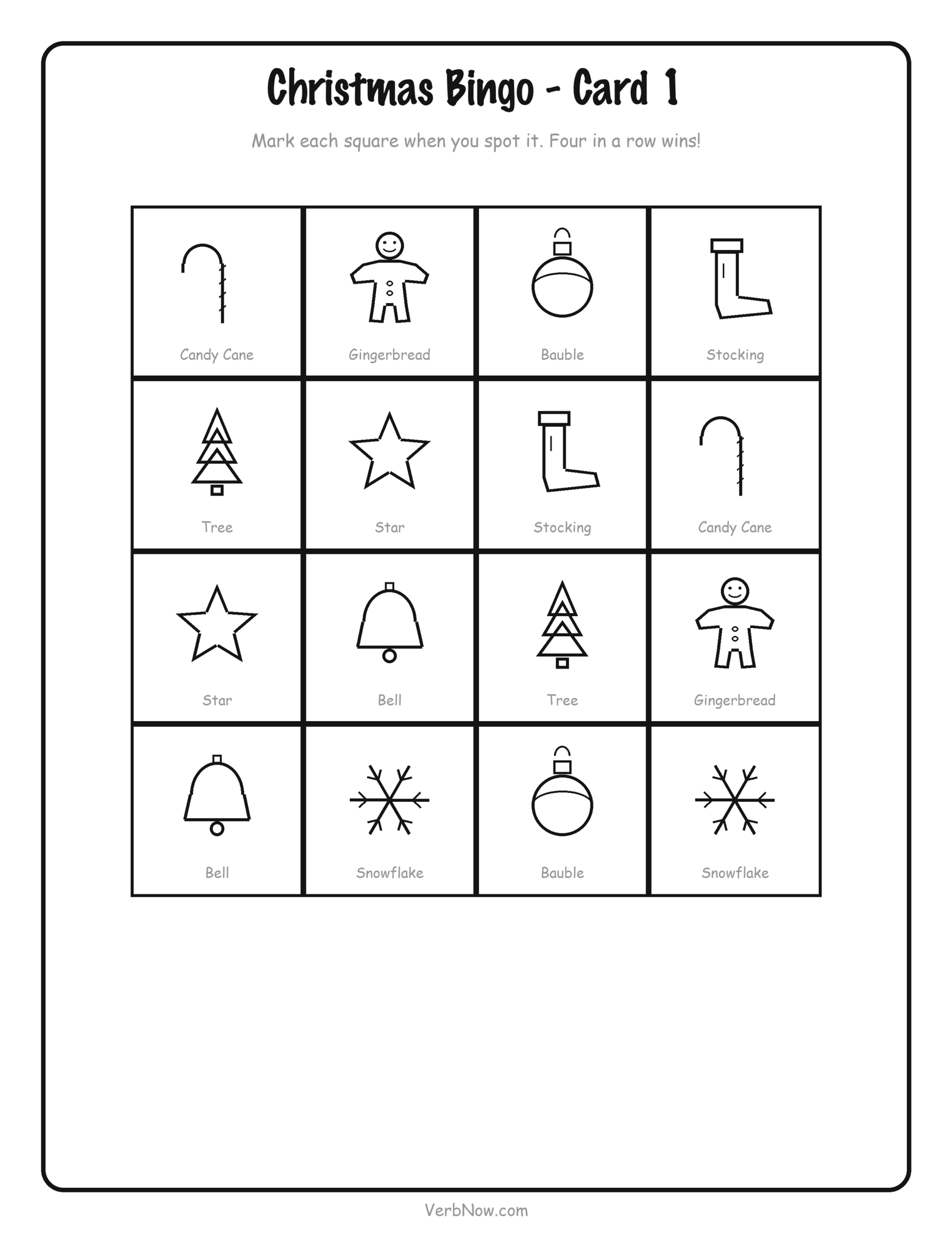 10 Free Christmas Activity Printables (I Spy, Bingo, Mazes & Scavenger Hunt, PDF) Christmas bingo card printable with 16 squares showing trees, baubles, candy canes, gingerbread men, stockings, bells, stars and snowflakes
