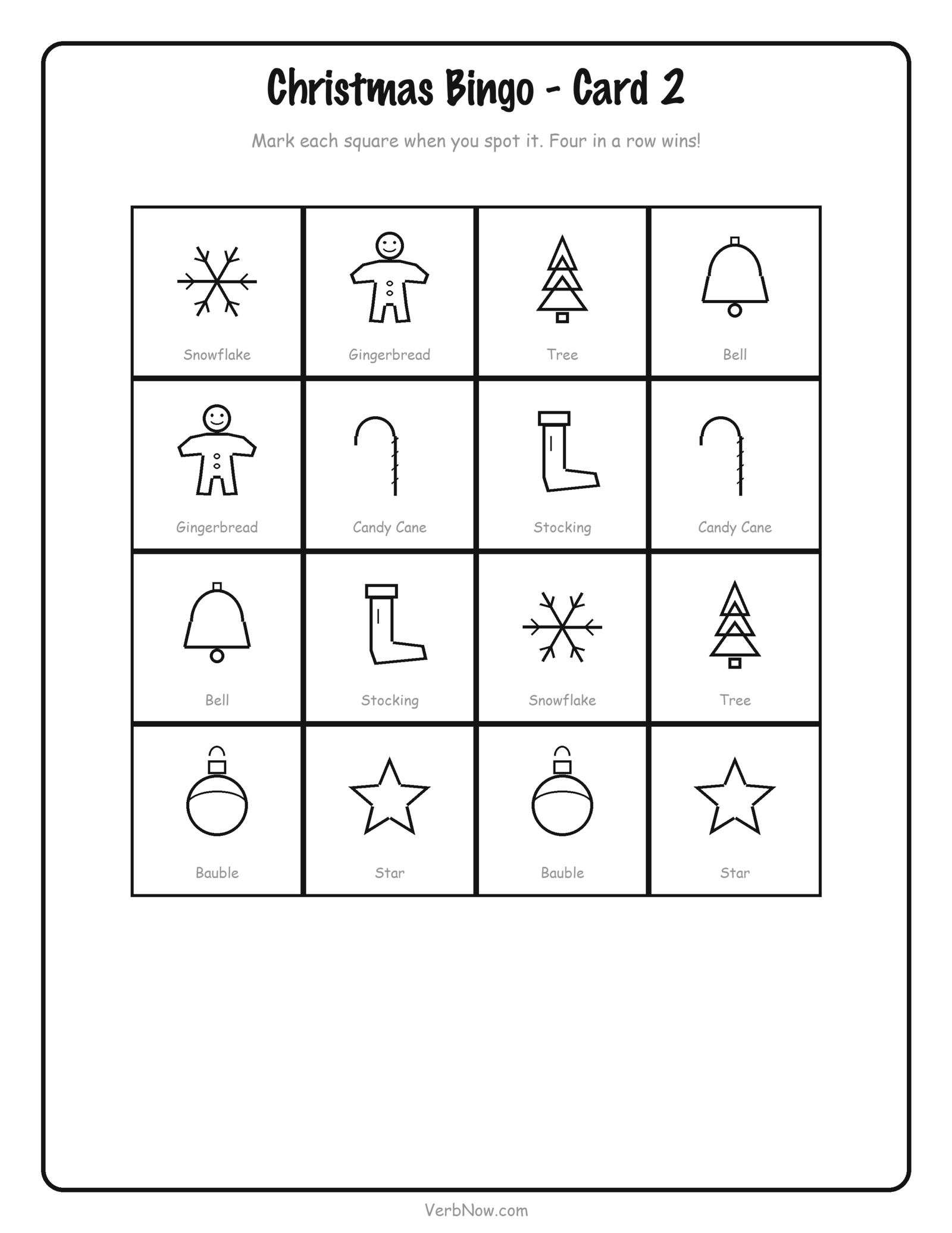 10 Free Christmas Activity Printables (I Spy, Bingo, Mazes & Scavenger Hunt, PDF) Second Christmas bingo card printable with the same 16 pictures in a different order so two children can play together