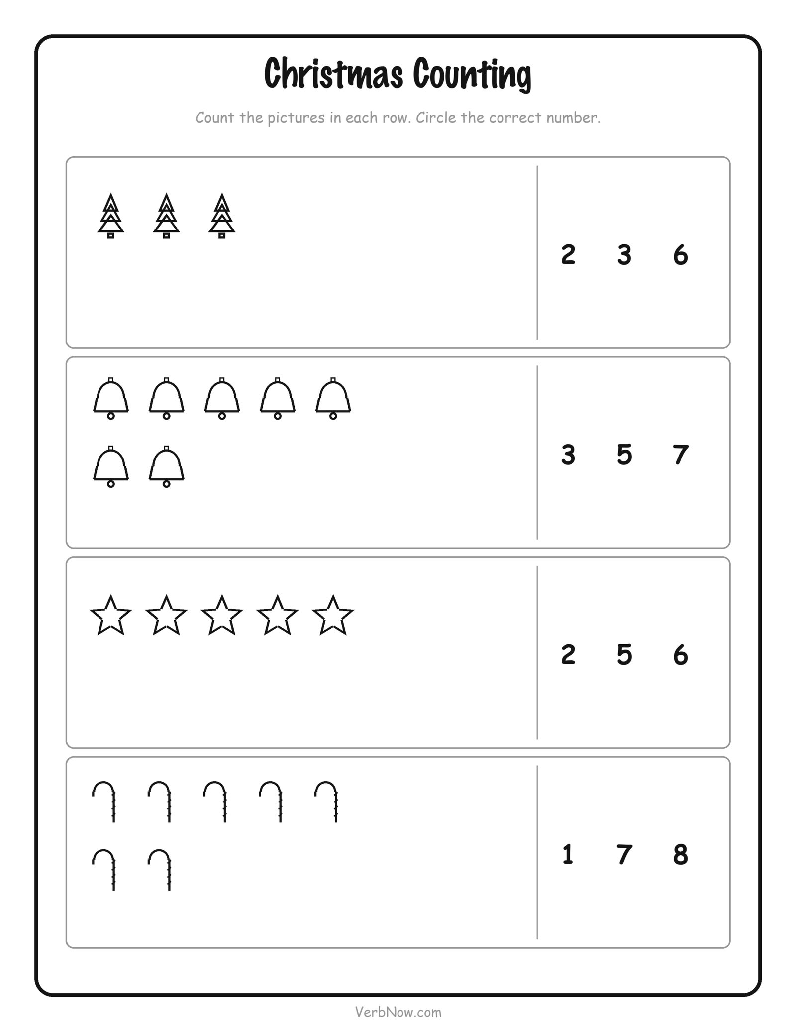 10 Free Christmas Activity Printables (I Spy, Bingo, Mazes & Scavenger Hunt, PDF) Christmas counting worksheet — count the trees, bells, stars and candy canes in each row and circle the correct number