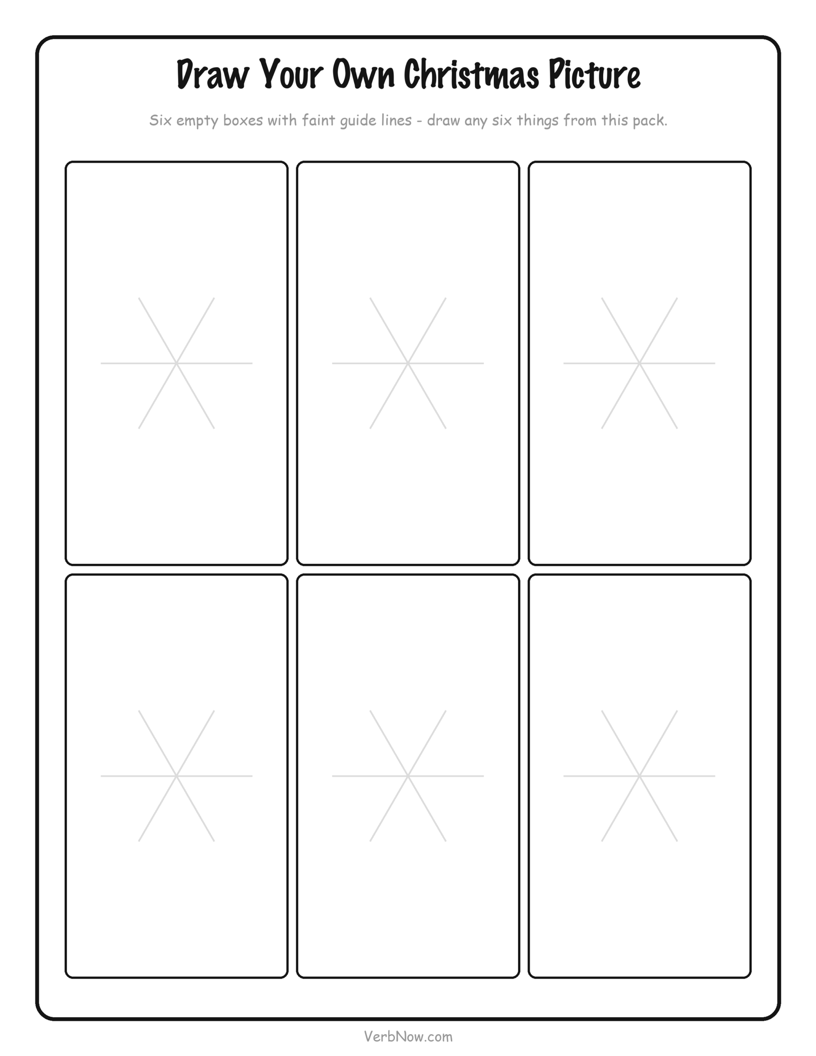 How to Draw 9 Christmas Things (Free Step-by-Step Printables) Christmas drawing practice printable with six empty boxes, each holding three faint guide lines to start a drawing on
