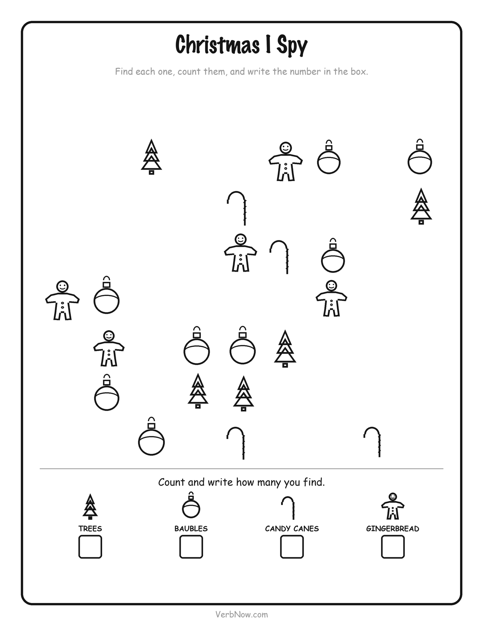 10 Free Christmas Activity Printables (I Spy, Bingo, Mazes & Scavenger Hunt, PDF) Christmas I spy printable — count the trees, baubles, candy canes and gingerbread men, then write each number in the box