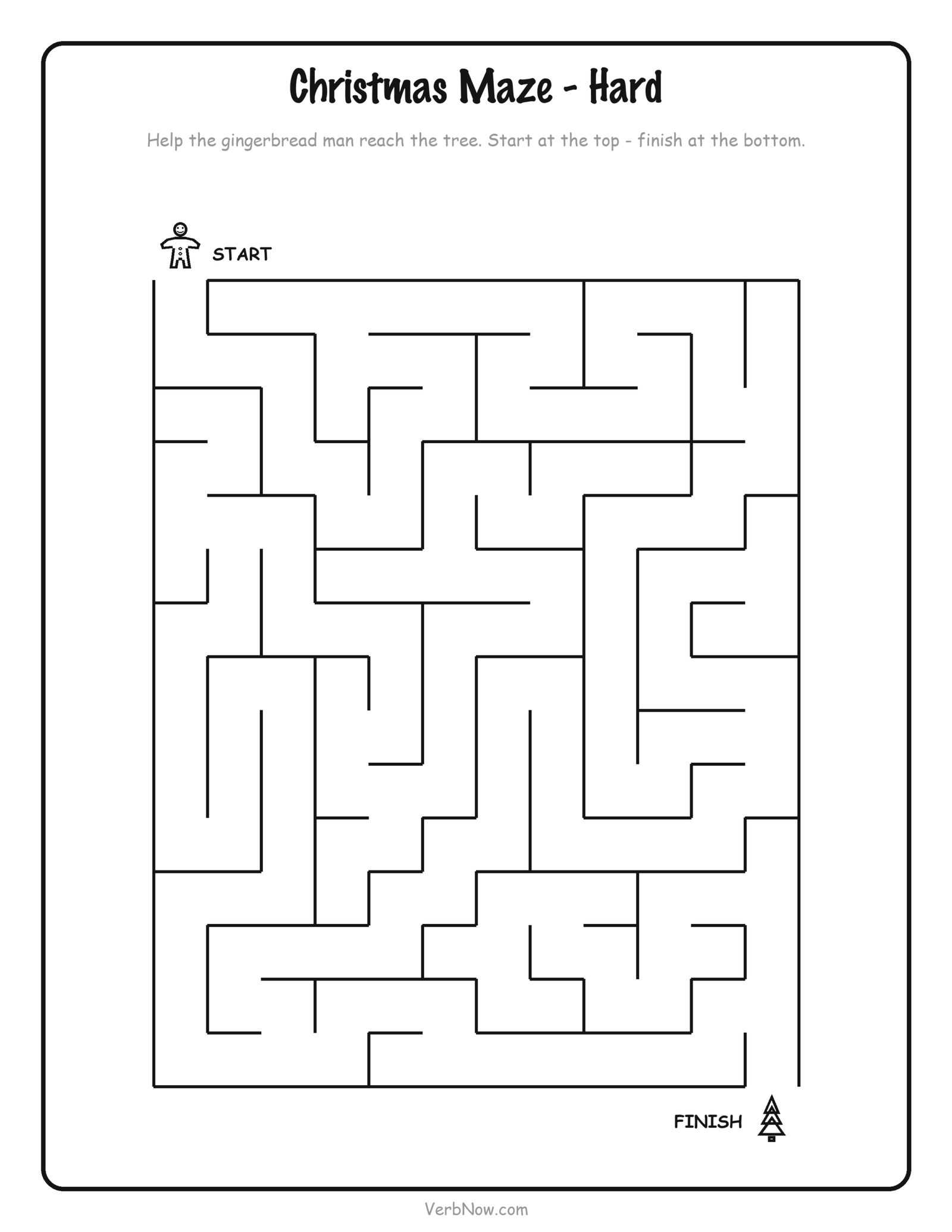 10 Free Christmas Activity Printables (I Spy, Bingo, Mazes & Scavenger Hunt, PDF) Harder Christmas maze printable — a 12 by 15 maze leading the gingerbread man to the Christmas tree