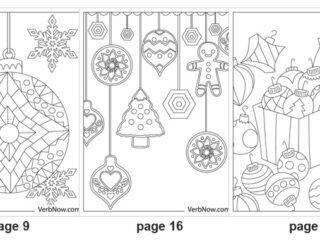 Five of the 21 printable Christmas ornament coloring pages: page 18 nine small ornament shapes including reindeer and bear faces, page 9 a large mandala bauble between two snowflakes, page 16 a hanging row with a tree and a gingerbread man ornament, page 3 a gift box spilling ornaments, page 19 three large ornaments with bows