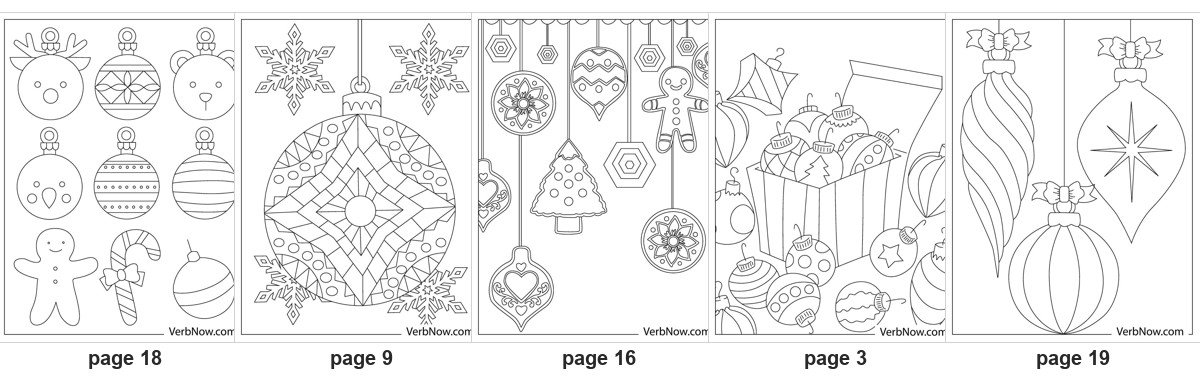 21 Free Christmas Ornament Coloring Pages (Simple Shapes & Mandalas, PDF) Five of the 21 printable Christmas ornament coloring pages: page 18 nine small ornament shapes including reindeer and bear faces, page 9 a large mandala bauble between two snowflakes, page 16 a hanging row with a tree and a gingerbread man ornament, page 3 a gift box spilling ornaments, page 19 three large ornaments with bows