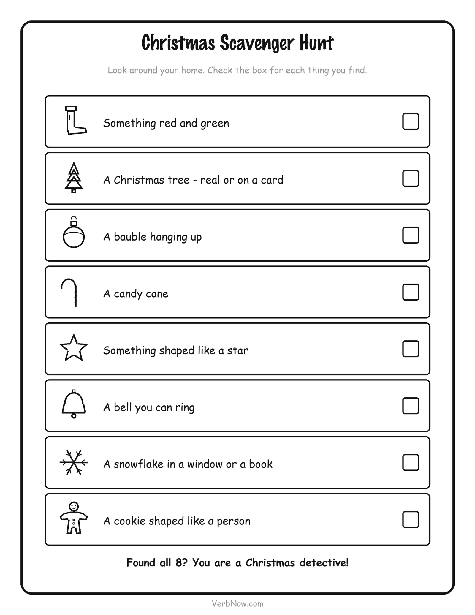 10 Free Christmas Activity Printables (I Spy, Bingo, Mazes & Scavenger Hunt, PDF) Christmas scavenger hunt printable — eight things to find around the house, each with a picture and a tick box