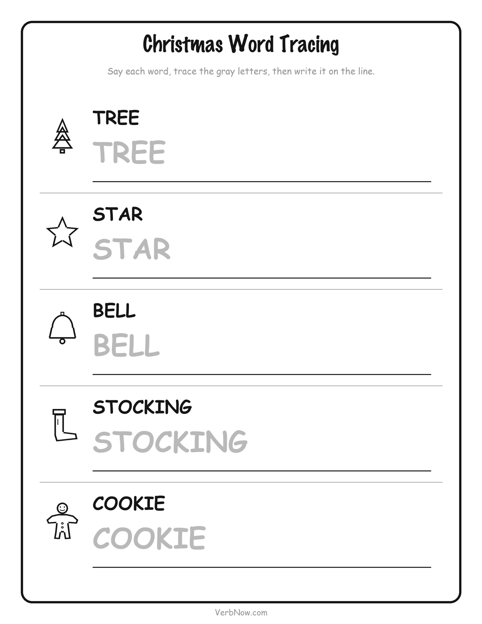 10 Free Christmas Activity Printables (I Spy, Bingo, Mazes & Scavenger Hunt, PDF) Christmas word tracing printable — trace the words tree, star, bell, stocking and cookie on ruled lines