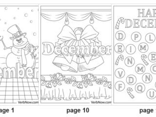 Five of the 21 printable December coloring pages: page 4 the word December inside a circle with a snowman, page 1 a snowman above December in block letters, page 10 December under two bells and a bow, page 16 Happy December above alphabet circles, page 21 December spelled out in flowers and leaves