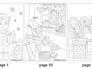 Five of the 18 printable elf coloring pages: page 6 Santa and three elves building toys at a workbench, page 1 an elf holding a wrapped present between snowy trees, page 10 an elf arranging a teddy bear and a drum in a toy shop window, page 15 an elf among giant candy canes and presents, page 18 two elves toasting marshmallows over a campfire