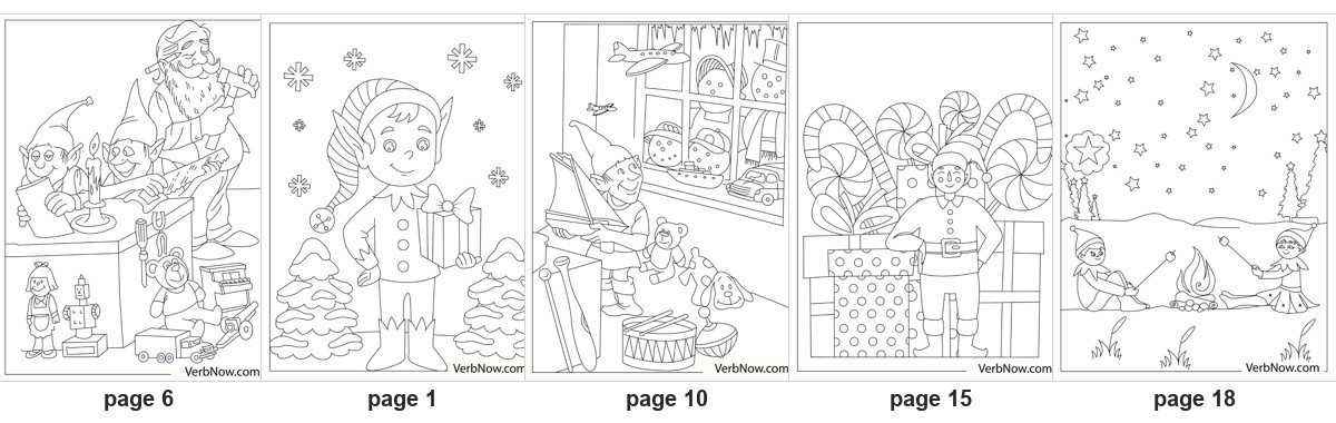 18 Free Elf Coloring Pages (Santa's Workshop, Toy Shop & Presents, PDF) Five of the 18 printable elf coloring pages: page 6 Santa and three elves building toys at a workbench, page 1 an elf holding a wrapped present between snowy trees, page 10 an elf arranging a teddy bear and a drum in a toy shop window, page 15 an elf among giant candy canes and presents, page 18 two elves toasting marshmallows over a campfire