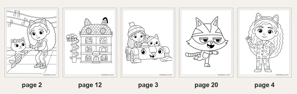 22 Free Gabby’s Dollhouse Coloring Pages (Printable PDF) Five of the 22 Gabby's Dollhouse coloring pages: page 2 Gabby dancing with MerCat, page 12 the cat-shaped dollhouse, page 3 Gabby and a cat riding in Carlita the car, page 20 CatRat, page 4 Gabby waving in heart pajamas