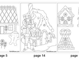 Five of the 21 printable gingerbread house coloring pages: page 3 a tall candy cottage with a gingerbread man in the doorway, page 5 a house with a lattice roof and lollipops, page 14 a nutcracker holding a snow globe, page 18 four small gingerbread houses on one sheet, page 16 a simple gingerbread house outline