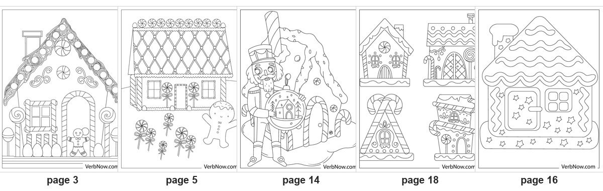 21 Free Gingerbread House Coloring Pages (Candy Cottages & a Nutcracker, PDF) Five of the 21 printable gingerbread house coloring pages: page 3 a tall candy cottage with a gingerbread man in the doorway, page 5 a house with a lattice roof and lollipops, page 14 a nutcracker holding a snow globe, page 18 four small gingerbread houses on one sheet, page 16 a simple gingerbread house outline