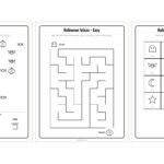 Three pages from the free Halloween activity pack side by side - the I spy page, the easy maze and a bingo card
