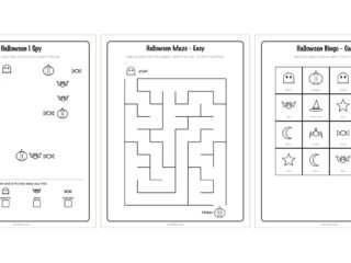 Three pages from the free Halloween activity pack side by side - the I spy page, the easy maze and a bingo card